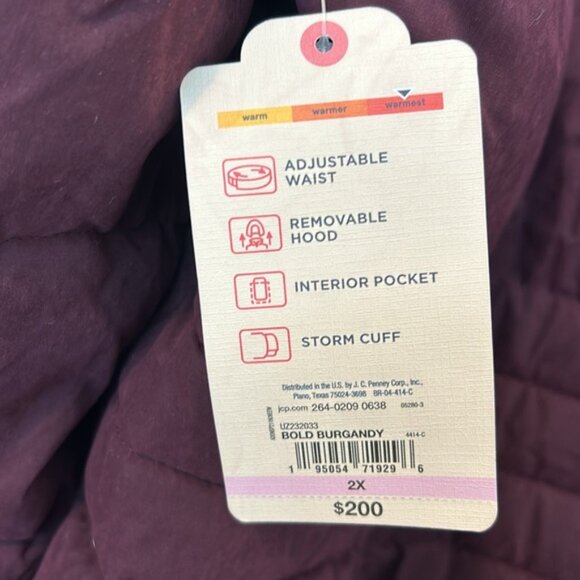 St.John’s Bay burgundy zip down parka with detachable hood 2X two front pockets - Picture 3 of 10